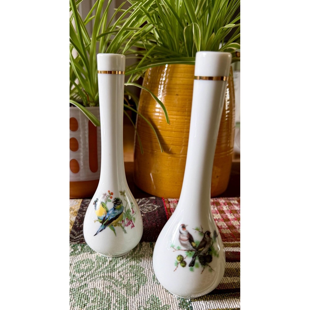 Vintage 7" White Porcelain Teardrop Bud Vases | Gold Rim Songbird & Goldfinch